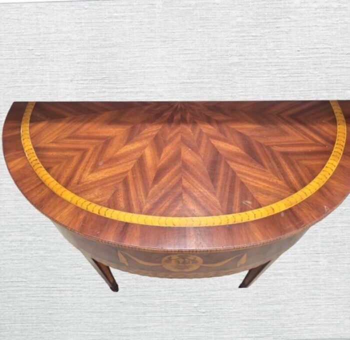 vintage large inlaid wood two tone jagged apron front herringbone demi lune half moon console table by alfonso marina 5755