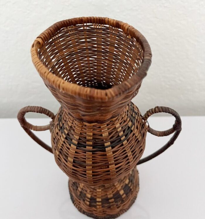 vintage mid 20th century wicker vase with handles 0926