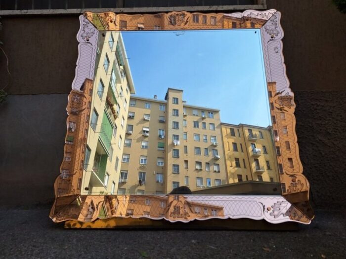 vintage mirror in pink glass by gio ponti 1950s 3