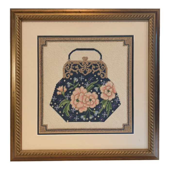 vintage needlepoint art of chinoiserie purse in ornate framed 1994