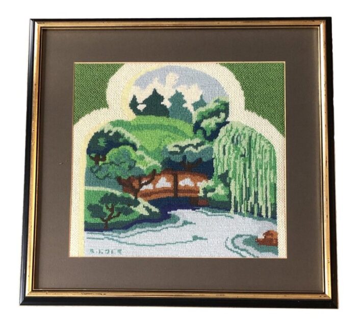 vintage needlepoint landscape in custom frame 1