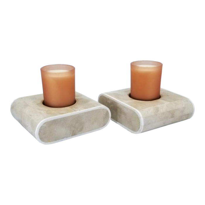 vintage ogetti style travertine candle holders candlesticks with new peach glass candles included a pair 1115