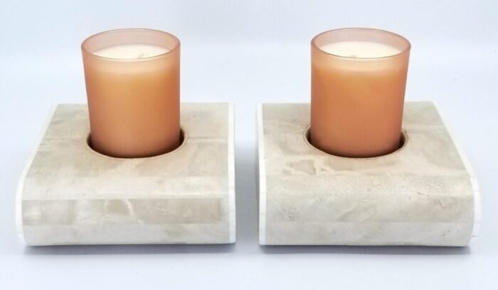 vintage ogetti style travertine candle holders candlesticks with new peach glass candles included a pair 3473