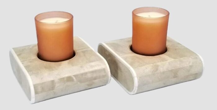 vintage ogetti style travertine candle holders candlesticks with new peach glass candles included a pair 4078