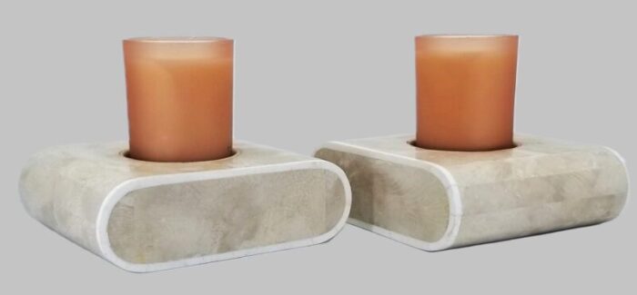 vintage ogetti style travertine candle holders candlesticks with new peach glass candles included a pair 7121