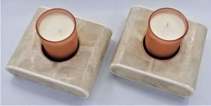 vintage ogetti style travertine candle holders candlesticks with new peach glass candles included a pair 8380