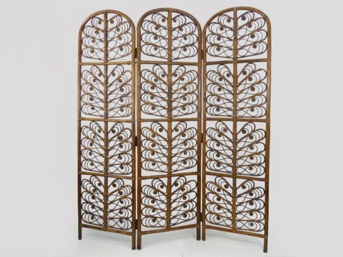 vintage peacock rattan screen with 3 shutters 1970s 1