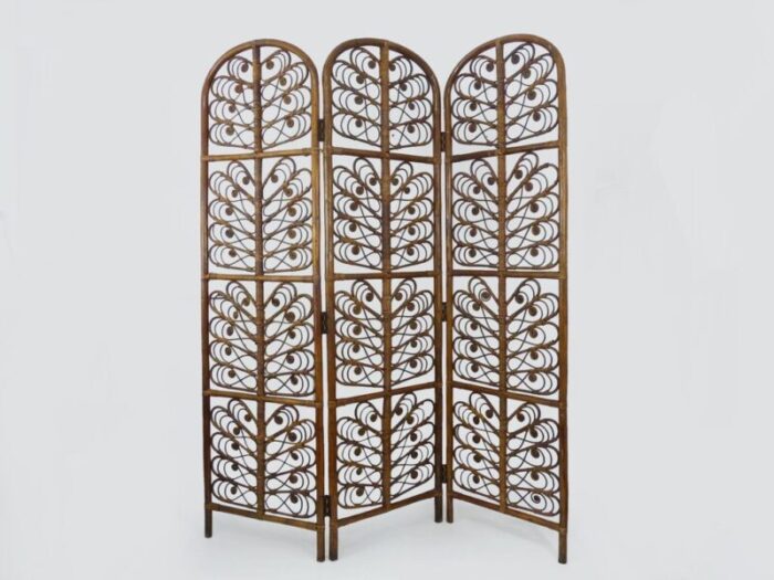 vintage peacock rattan screen with 3 shutters 1970s 2