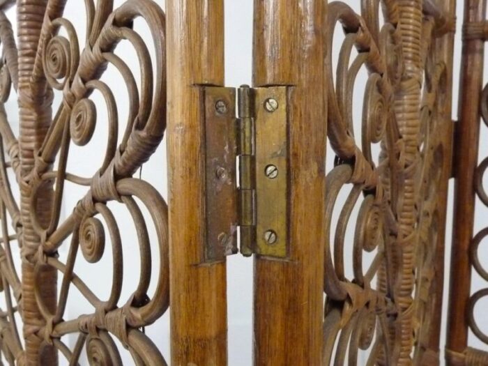 vintage peacock rattan screen with 3 shutters 1970s 9