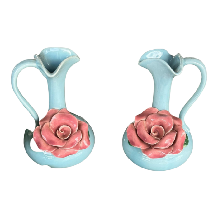 vintage pottery majolica pink rose pottery blue pitcher small bud vases set of 2 2911