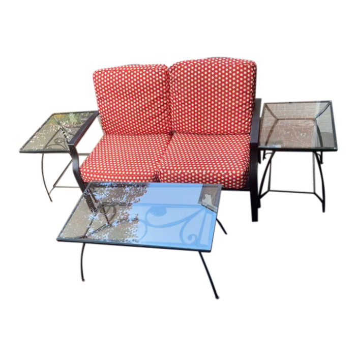 vintage red and white indooroutdoor upholstered fabric patio loveseat and tables set 4 pieces 6686