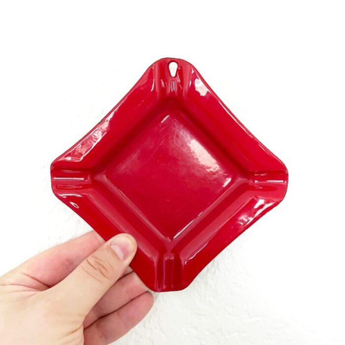 vintage red enamel ashtray mid 20th century 5465