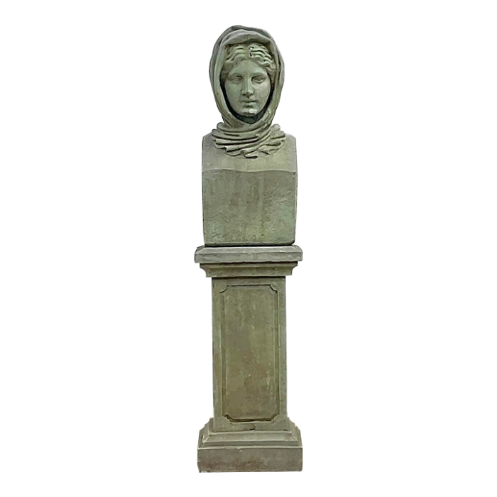 vintage regency cast concrete bust of woman in hood 2542