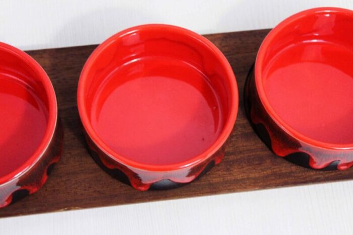 vintage service tray and ramekins in teak and ceramic 1960s set of 5 13