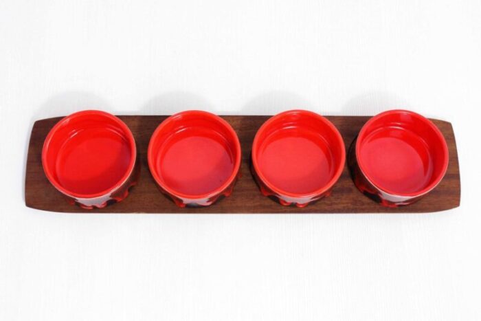 vintage service tray and ramekins in teak and ceramic 1960s set of 5 4