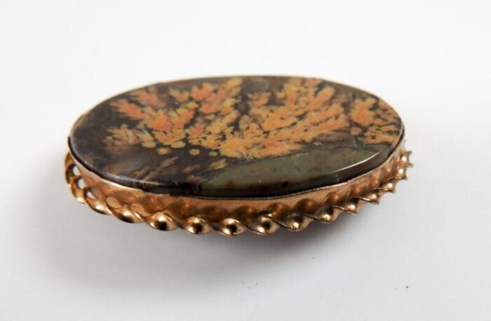 vintage studio made plume agate and gold oval brooch 6775