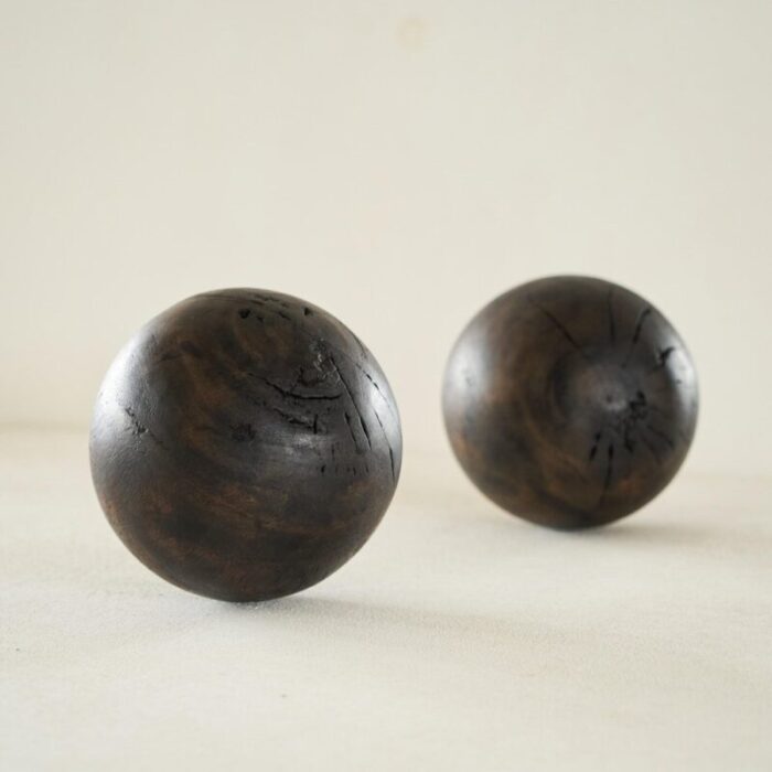 vintage wabi sabi decorative balls in wood 1950s set of 2 7