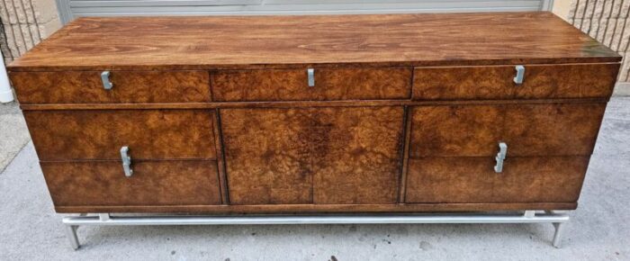 vintage white furniture co burl and walnut dresser on aluminum tubular base 0409