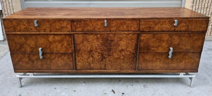 vintage white furniture co burl and walnut dresser on aluminum tubular base 1212