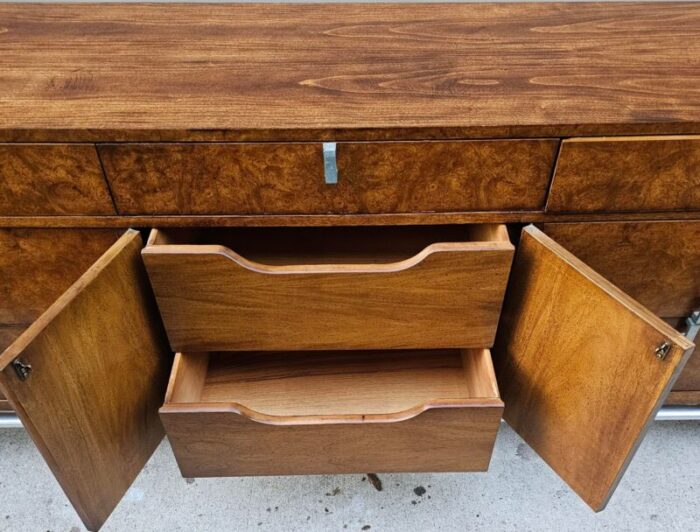 vintage white furniture co burl and walnut dresser on aluminum tubular base 8715