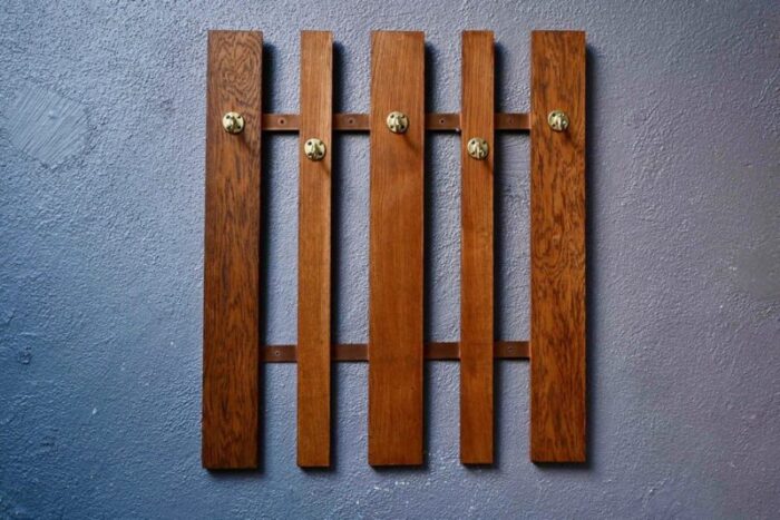 wall coat holder in oak and brass 1960s 1