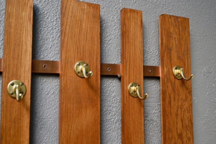 wall coat holder in oak and brass 1960s 3