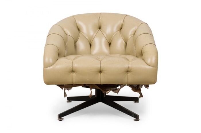 ward bennett american mid century chrome and beige tufted leather swivel tub lounge armchair 4856