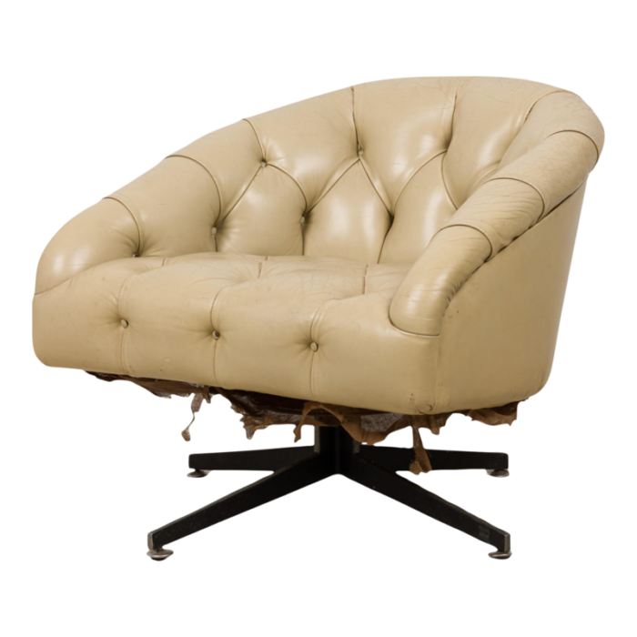 ward bennett american mid century chrome and beige tufted leather swivel tub lounge armchair 7032